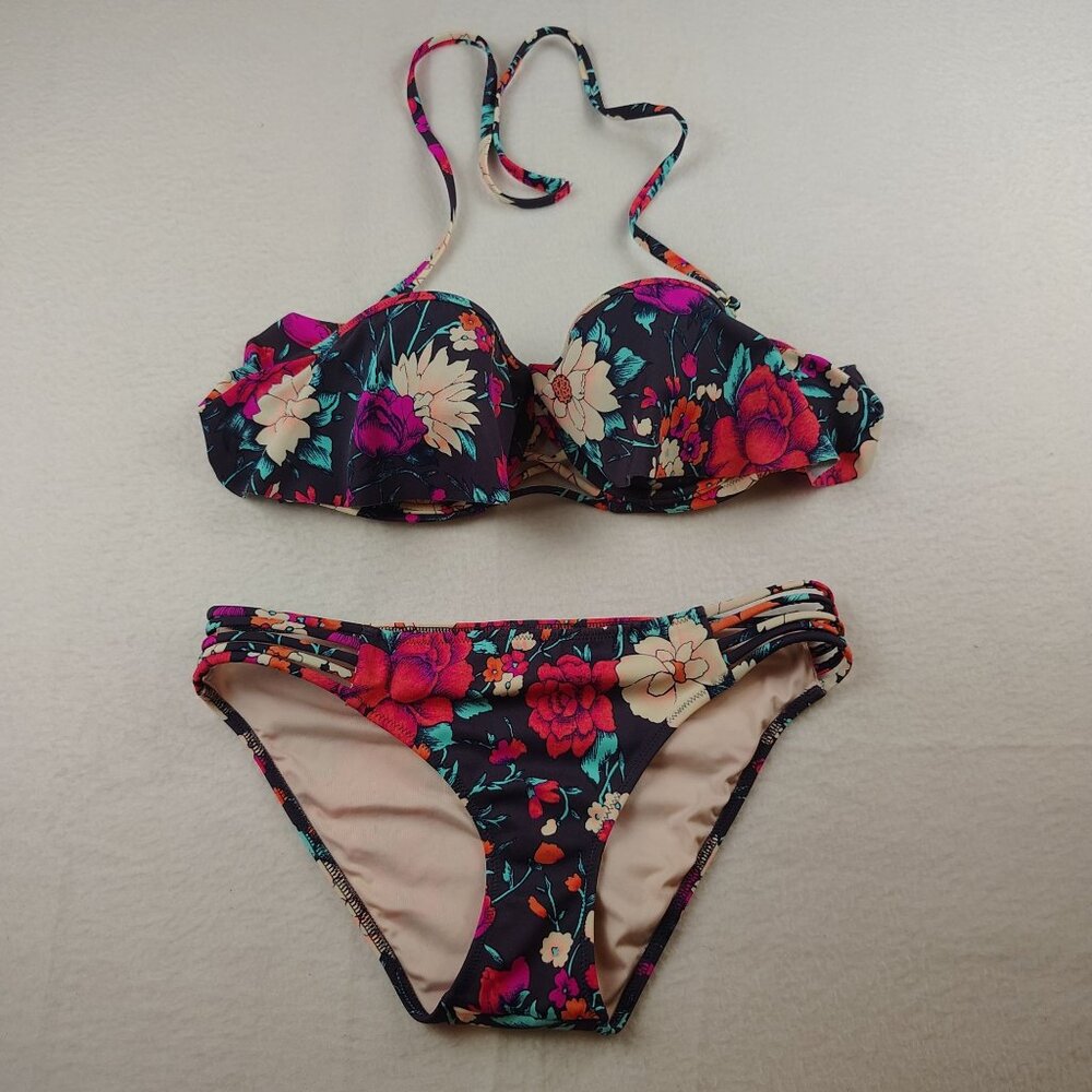 Shade & Share Floral Cheeky Halter Push-Up Bikini Bathing Suit Sz Small